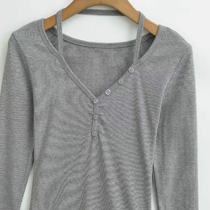 Women's Fall Long Sleeve Henley T Shirts Button V Neck Slim Fit Casual Tops