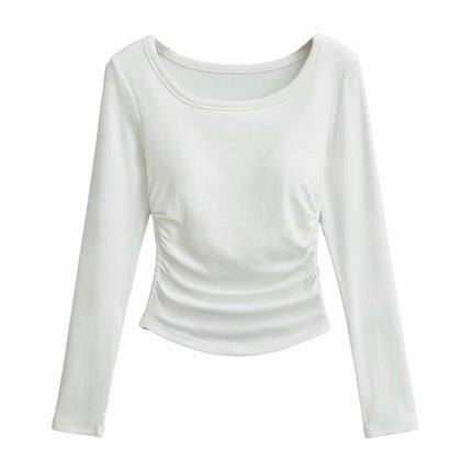 Women's Casual Fall Ruched T-Shirts Slim Fitted Scoop Neck Long Sleeve Crop Top
