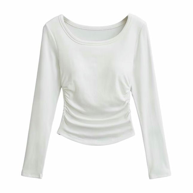 Women's Casual Fall Ruched T-Shirts Slim Fitted Scoop Neck Long Sleeve Crop Top