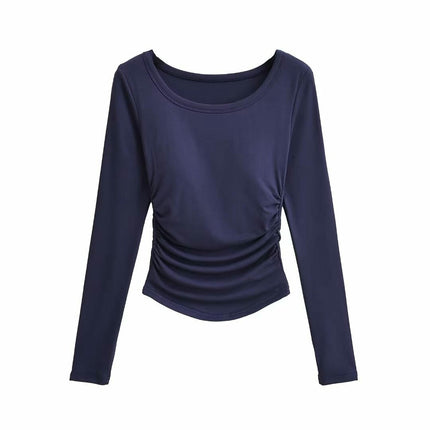 Women's Casual Fall Ruched T-Shirts Slim Fitted Scoop Neck Long Sleeve Crop Top