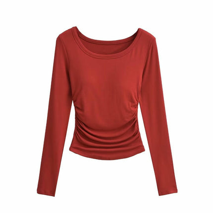 Women's Casual Fall Ruched T-Shirts Slim Fitted Scoop Neck Long Sleeve Crop Top
