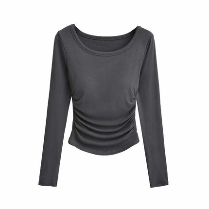 Women's Casual Fall Ruched T-Shirts Slim Fitted Scoop Neck Long Sleeve Crop Top