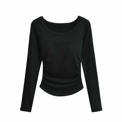 Women's Casual Fall Ruched T-Shirts Slim Fitted Scoop Neck Long Sleeve Crop Top