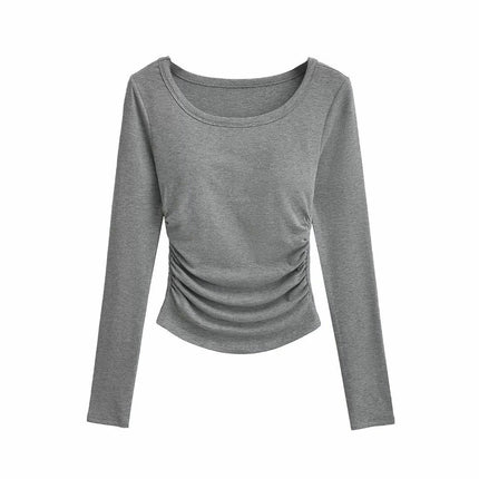 Women's Casual Fall Ruched T-Shirts Slim Fitted Scoop Neck Long Sleeve Crop Top