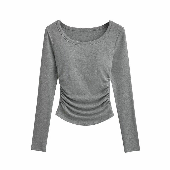 Women's Casual Fall Ruched T-Shirts Slim Fitted Scoop Neck Long Sleeve Crop Top
