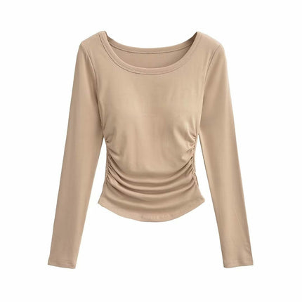 Women's Casual Fall Ruched T-Shirts Slim Fitted Scoop Neck Long Sleeve Crop Top