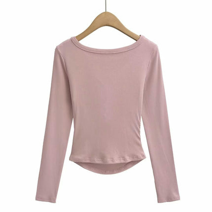 Women's Casual Fall Ruched T-Shirts Slim Fitted Scoop Neck Long Sleeve Crop Top