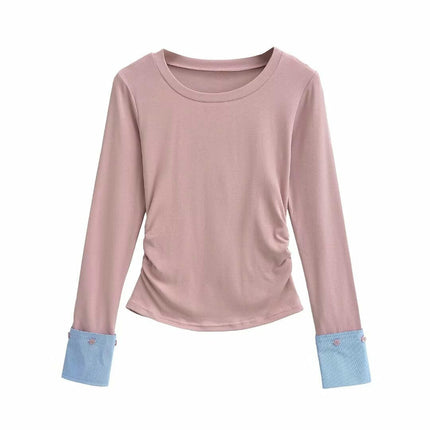 Women's Casual Fall Ruched T-Shirts Slim Fitted Crew Neck Patchwork Long Sleeve Crop Top