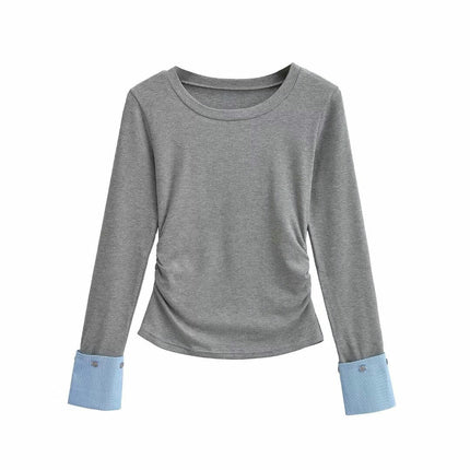 Women's Casual Fall Ruched T-Shirts Slim Fitted Crew Neck Patchwork Long Sleeve Crop Top