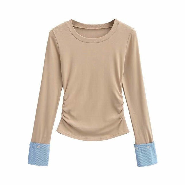 Women's Casual Fall Ruched T-Shirts Slim Fitted Crew Neck Patchwork Long Sleeve Crop Top