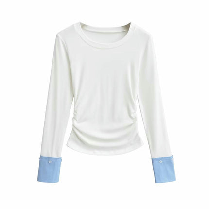 Women's Casual Fall Ruched T-Shirts Slim Fitted Crew Neck Patchwork Long Sleeve Crop Top
