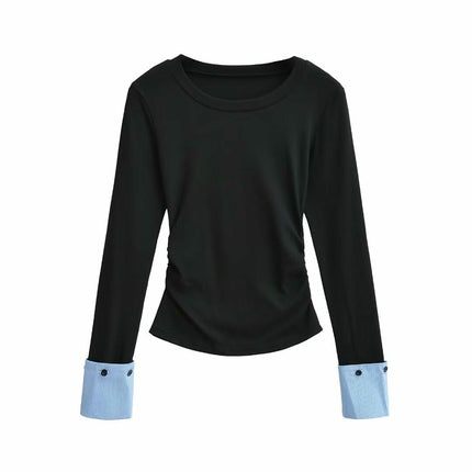 Women's Casual Fall Ruched T-Shirts Slim Fitted Crew Neck Patchwork Long Sleeve Crop Top