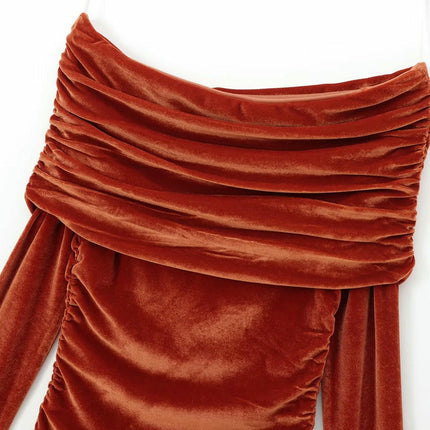 Women's Casual Long Sleeve Velvet Shirts Slim Fit Off Shoulder Ruched Tops