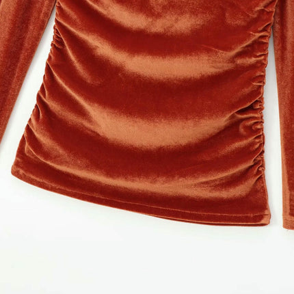 Women's Casual Long Sleeve Velvet Shirts Slim Fit Off Shoulder Ruched Tops