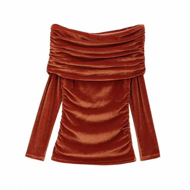 Women's Casual Long Sleeve Velvet Shirts Slim Fit Off Shoulder Ruched Tops