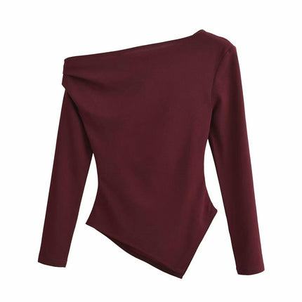 Womens Long Sleeve Boat Neck Ruched Shirts Asymmetric Hem Casual Slim Fit Tops
