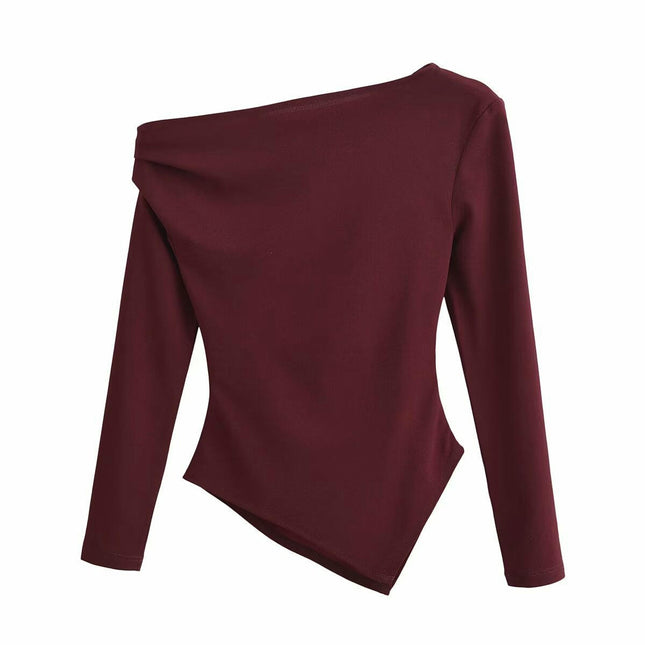 Womens Long Sleeve Boat Neck Ruched Shirts Asymmetric Hem Casual Slim Fit Tops