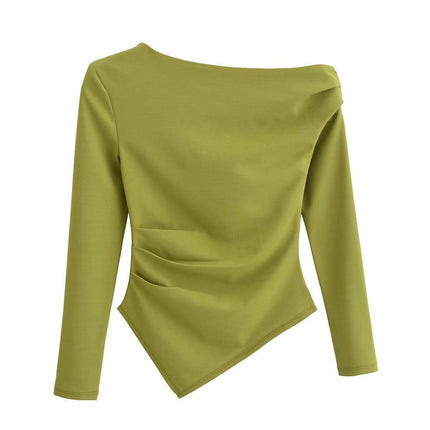 Womens Long Sleeve Boat Neck Ruched Shirts Asymmetric Hem Casual Slim Fit Tops