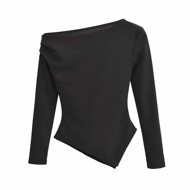 Womens Long Sleeve Boat Neck Ruched Shirts Asymmetric Hem Casual Slim Fit Tops
