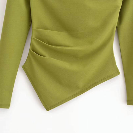 Womens Long Sleeve Boat Neck Ruched Shirts Asymmetric Hem Casual Slim Fit Tops