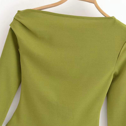 Womens Long Sleeve Boat Neck Ruched Shirts Asymmetric Hem Casual Slim Fit Tops