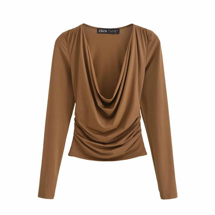 Women's Ruched Cowl Neck Long Sleeve Casual T Shirt Slim Fit Tee Tops
