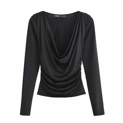 Women's Ruched Cowl Neck Long Sleeve Casual T Shirt Slim Fit Tee Tops