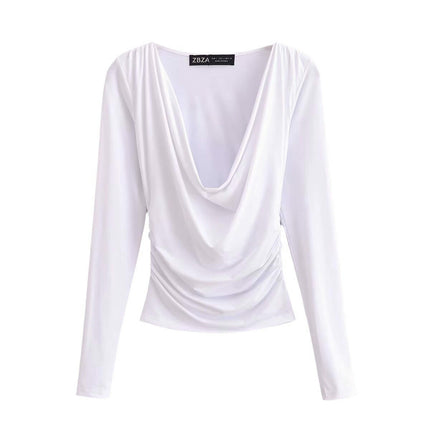 Women's Ruched Cowl Neck Long Sleeve Casual T Shirt Slim Fit Tee Tops