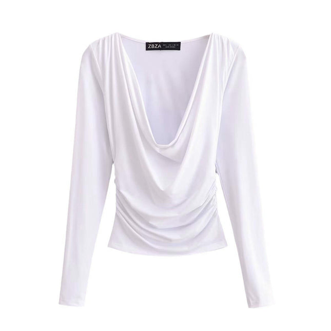 Women's Ruched Cowl Neck Long Sleeve Casual T Shirt Slim Fit Tee Tops