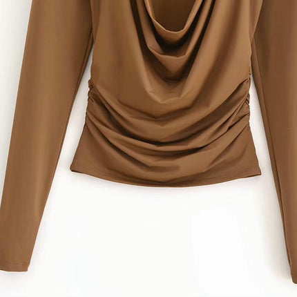Women's Ruched Cowl Neck Long Sleeve Casual T Shirt Slim Fit Tee Tops