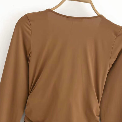 Women's Ruched Cowl Neck Long Sleeve Casual T Shirt Slim Fit Tee Tops