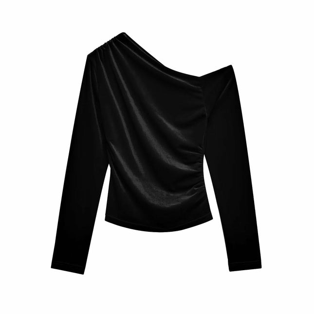 Women's Asymmetrical Neck Long Sleeve Slim Fit Party Velvet Tee Top