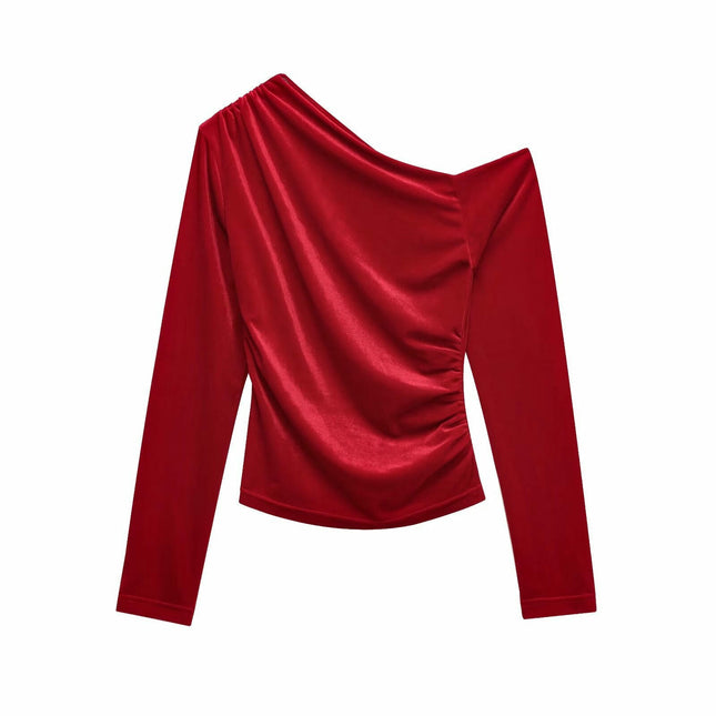 Women's Asymmetrical Neck Long Sleeve Slim Fit Party Velvet Tee Top
