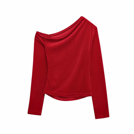 Women's Asymmetrical Neck Long Sleeve Slim Fit Party Velvet Tee Top