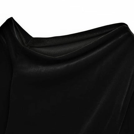 Women's Asymmetrical Neck Long Sleeve Slim Fit Party Velvet Tee Top