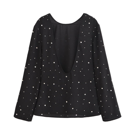 Womens Fall Loose Long Sleeve T Shirts Crew Neck Backless Casual Rhinestone Tops