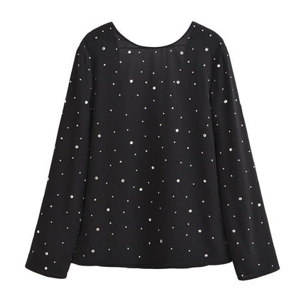 Womens Fall Loose Long Sleeve T Shirts Crew Neck Backless Casual Rhinestone Tops