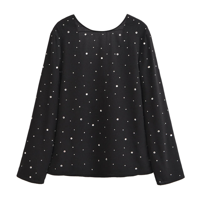 Womens Fall Loose Long Sleeve T Shirts Crew Neck Backless Casual Rhinestone Tops