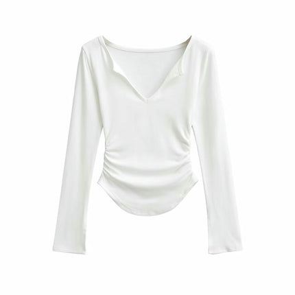 Womens Long Sleeve Ruched Tops V Neck Slim Fit Casual Going Out T Shirts