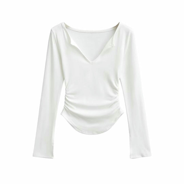 Womens Long Sleeve Ruched Tops V Neck Slim Fit Casual Going Out T Shirts