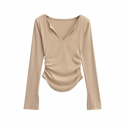 Womens Long Sleeve Ruched Tops V Neck Slim Fit Casual Going Out T Shirts