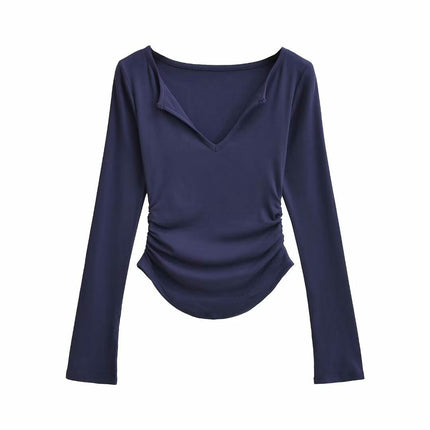 Womens Long Sleeve Ruched Tops V Neck Slim Fit Casual Going Out T Shirts