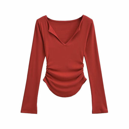 Womens Long Sleeve Ruched Tops V Neck Slim Fit Casual Going Out T Shirts