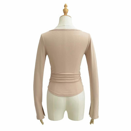 Womens Long Sleeve Ruched Tops V Neck Slim Fit Casual Going Out T Shirts