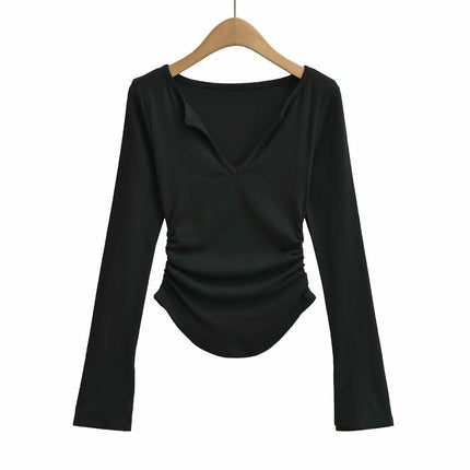 Womens Long Sleeve Ruched Tops V Neck Slim Fit Casual Going Out T Shirts
