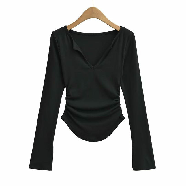 Womens Long Sleeve Ruched Tops V Neck Slim Fit Casual Going Out T Shirts