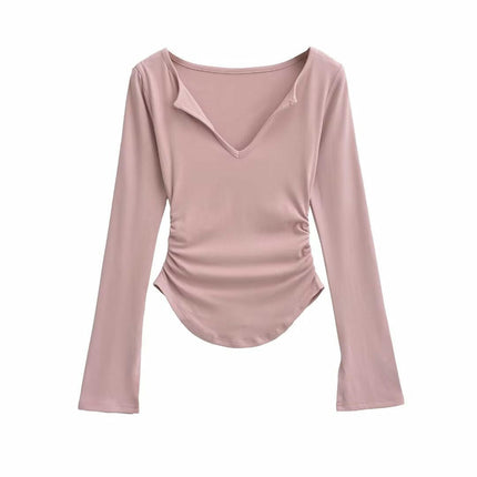 Womens Long Sleeve Ruched Tops V Neck Slim Fit Casual Going Out T Shirts