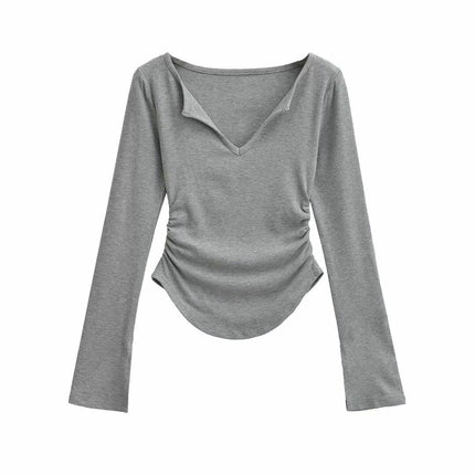 Womens Long Sleeve Ruched Tops V Neck Slim Fit Casual Going Out T Shirts
