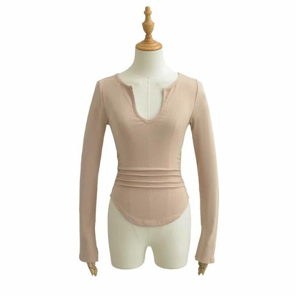 Womens Long Sleeve Ruched Tops V Neck Slim Fit Casual Going Out T Shirts