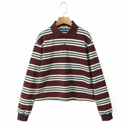 Womens Striped Long Sleeve Polo Shirts V Neck Collared Casual Loose Tops